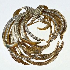 Vintage Monet Gold Tone Etched Swirl Rhinestone Brooch Signed BEAUTY